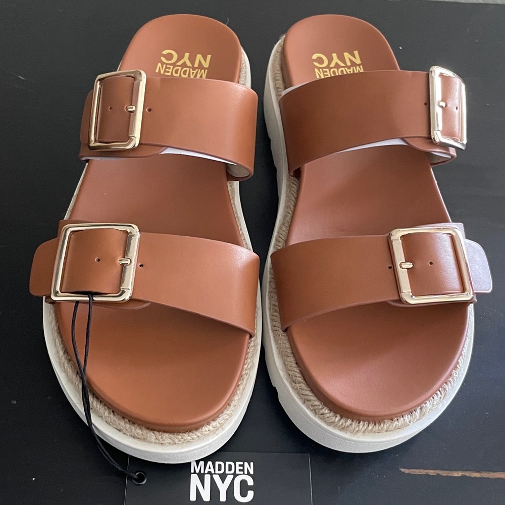 Madden NYC Women’s Tan Double-Buckle Slide Sandals